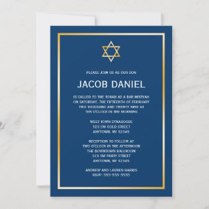 Blue Gold Star de David Bar Mitzvah Invitations
