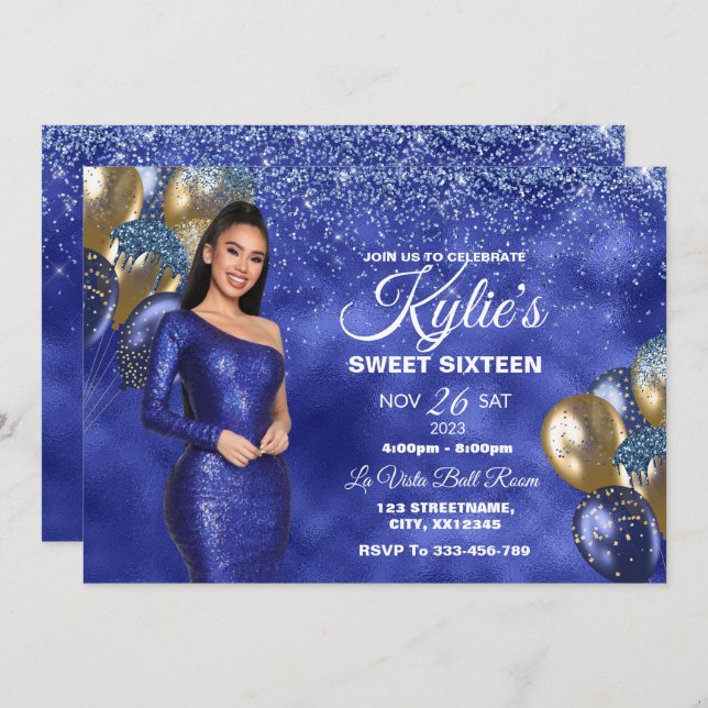 Blue & Gold Sweet 16 Girl Birthday Invitation (Devant / Derrière)
