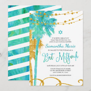 Blue Gold Watercolor Beach Bat mitzvah Invitations