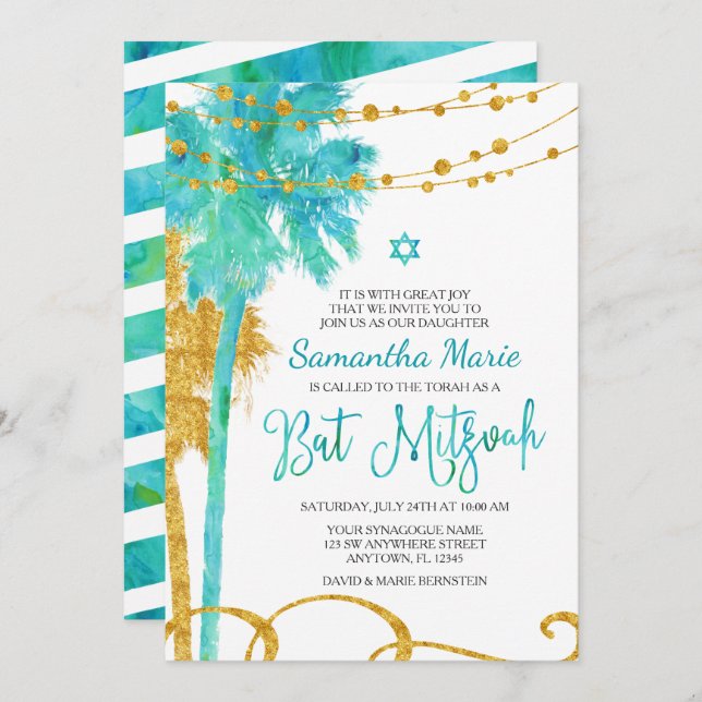 Blue Gold Watercolor Beach Bat mitzvah Invitations (Devant / Derrière)