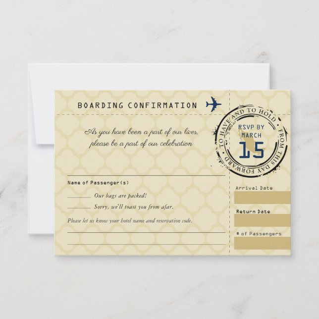 Blue Gold Wedding Carte d'embarquement RSVP au Mex (Devant)