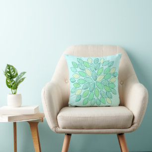 Blue Green Aqua Starburst Moderne Fleur Coussin