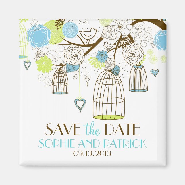Blue & Green Birdcages Floral Save the Date Magnet (Devant)