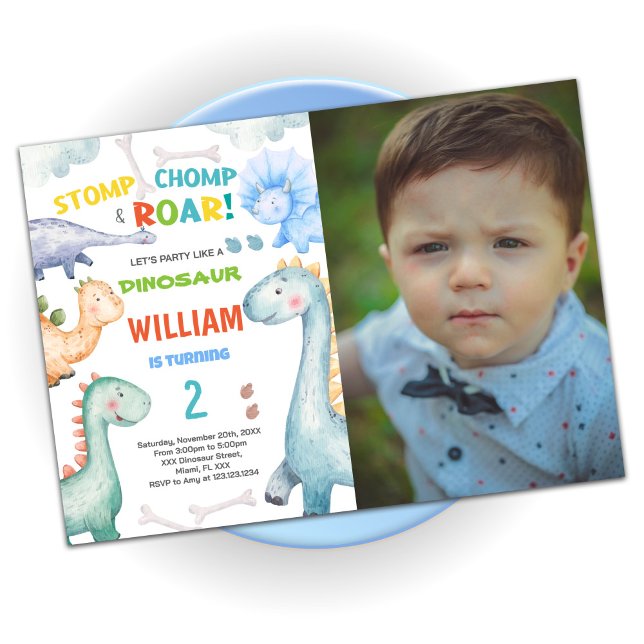 Blue Green Dinosaur Anniversaire Invitations avec  (Blue Green Dinosaur Birthday Invitations w photo)