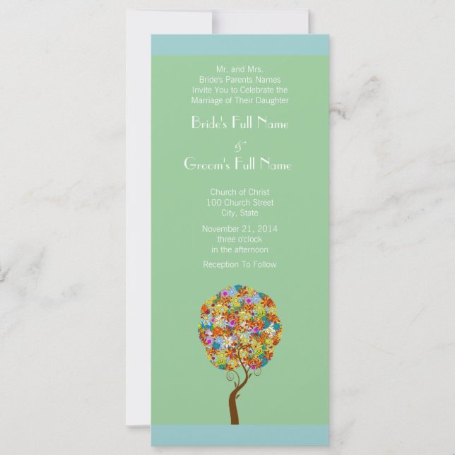 Blue Green Flower Love Tree Faire-part de mariage (Devant)