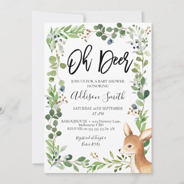 Blue Green Foliage Oh Deer Baby shower Invitation (Devant)