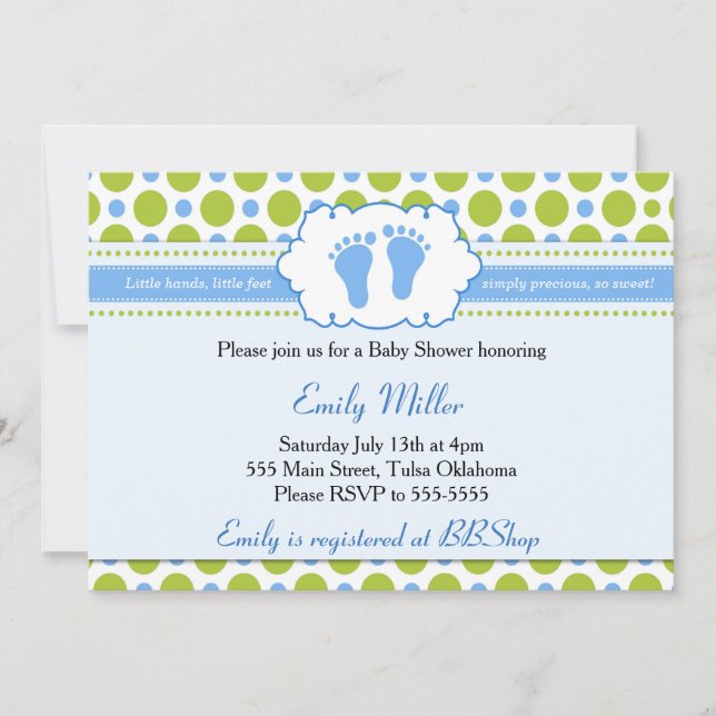 Blue Green Invitation bébé garçon douche Pois (Devant)