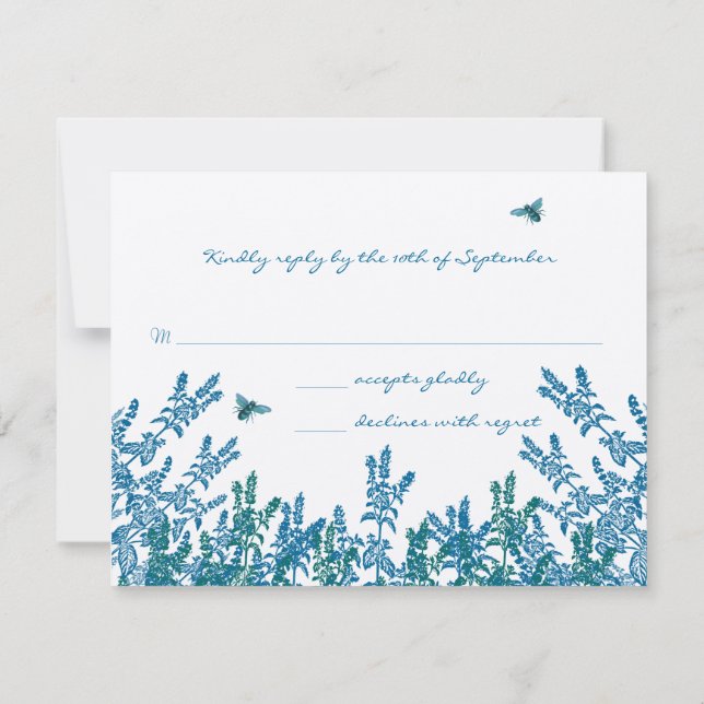 Blue Green Meadow Floral Bumble Bee Wedding RSVP (Dos)