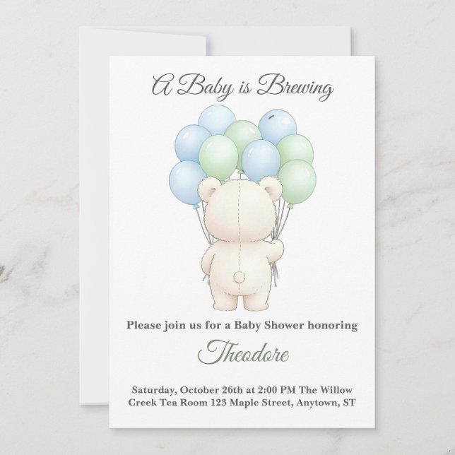 Blue Green Watercolor Teddy Bear Theme invitation (Devant)