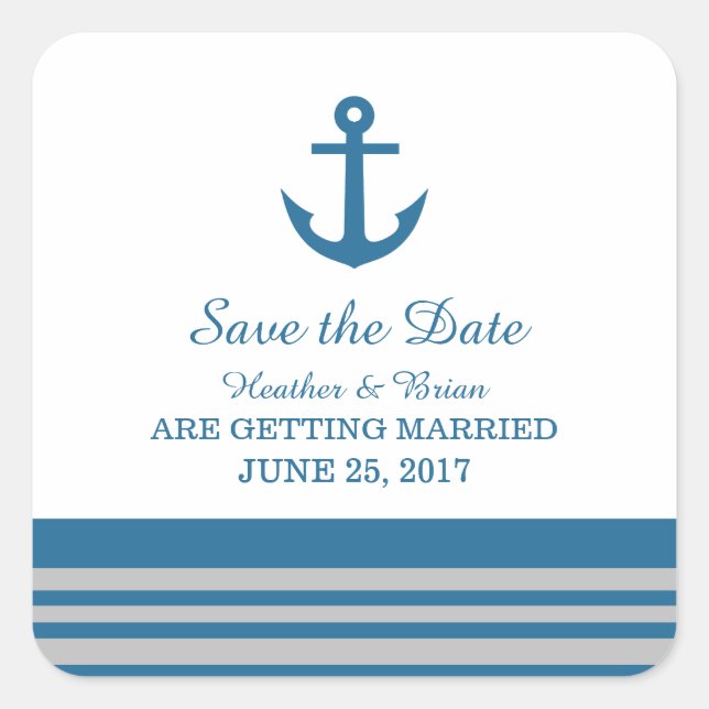 Blue Grey Ancre nautique Enregistrer Stickers Date (Devant)