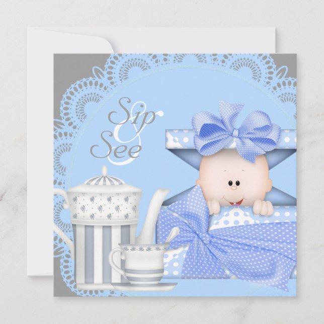 Blue Grey Baby Boy Sip Et Voir Les Invitations (Devant)