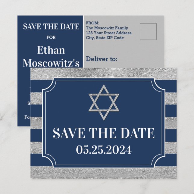 Blue, Grey Bar Mitzvah Enregistrer la date Carte p (Devant / Derrière)