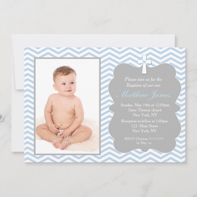 Blue Grey Chevron Baptême Invitations Garçon (Devant)