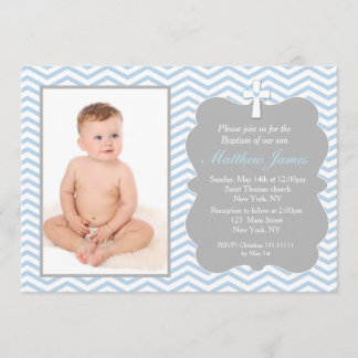 Blue Grey Chevron Baptême Invitations Garçon
