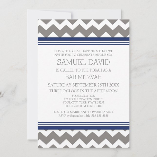 Blue Grey Chevron Bar Mitzvah Invitations (Dos)