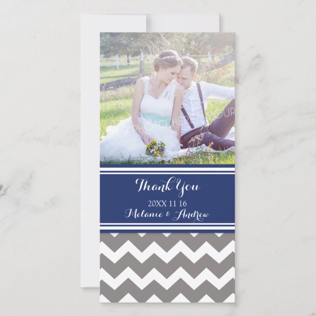 Blue Grey Chevron Merci Cartes photos Mariages (Devant)