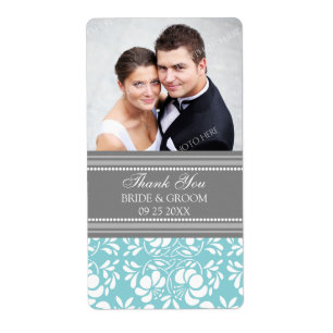 Blue Grey Damask Photo Wedding Étiquettes
