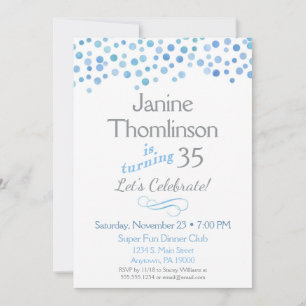 Blue Grey Invitation Anniversaire Confetti Aquarel