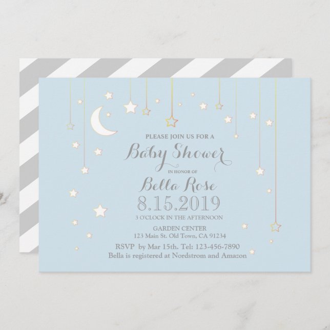 Blue Grey Lune Star Baby shower garçon Invitation (Devant / Derrière)