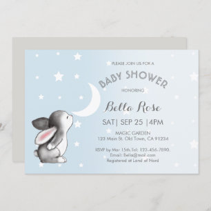 Blue Grey Lune Stars Bunny Baby Shower Invitations