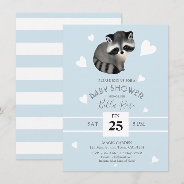 Blue Grey Raccoon Baby Shower Invitations (Devant / Derrière)