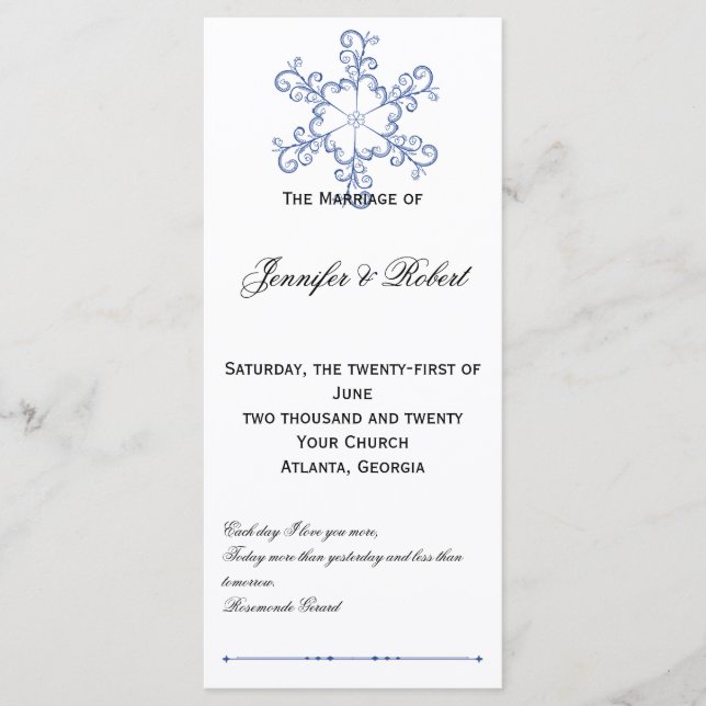 Blue Heart Snowflake Programme de mariage (Devant)