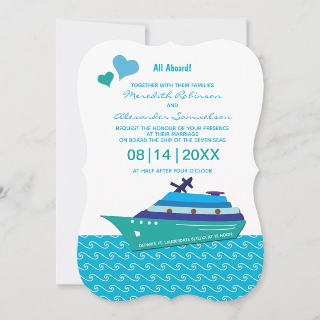 Blue Hearts Mariage Croisière Invitation (Devant)
