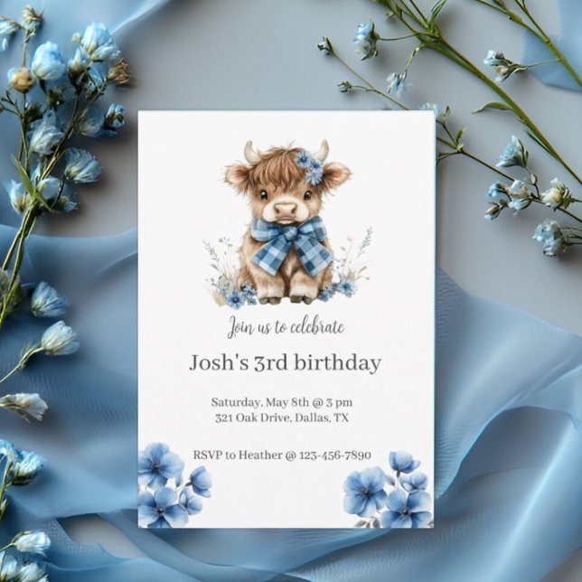 Blue Highland Cow Anniversaire Fête Invitation (Créateur téléchargé)