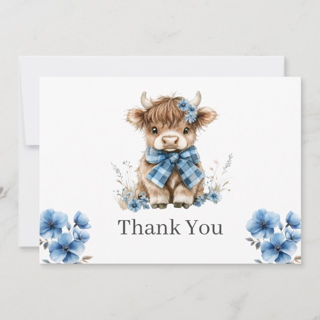 Blue Highland Cow Flat Carte de remerciements (Devant)