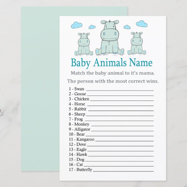 Blue Hippo Baby Animaux Nom Jeu (Devant / Derrière)