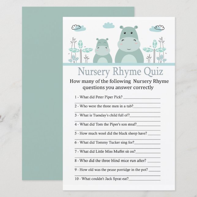 Blue Hippo Nursery Rhyme Quiz jeu de baby shower (Devant / Derrière)