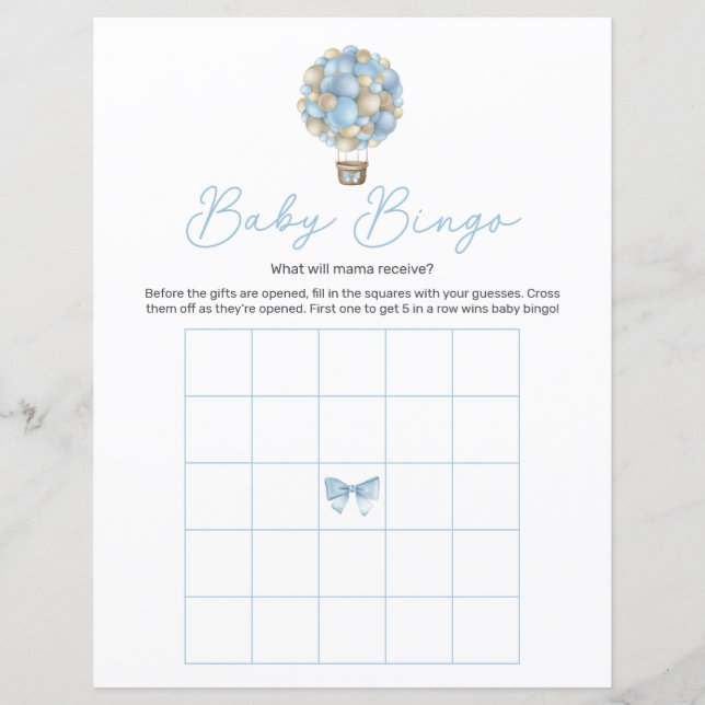 Blue Hot Air Balloon Baby shower Bingo Jeu (Devant)