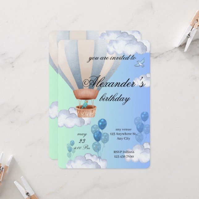 Blue Hot Air Balloon Boy Birthday Invitation  (Devant/Arrière en situation)
