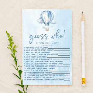 Blue Hot Air Balloon Devinez Qui Baby shower Jeu