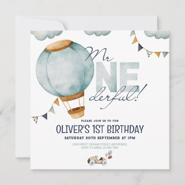 Blue Hot Air Balloon M. ONEderful Boy Invitation (Devant)
