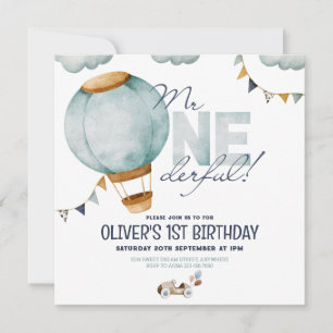 Blue Hot Air Balloon M. ONEderful Boy Invitation