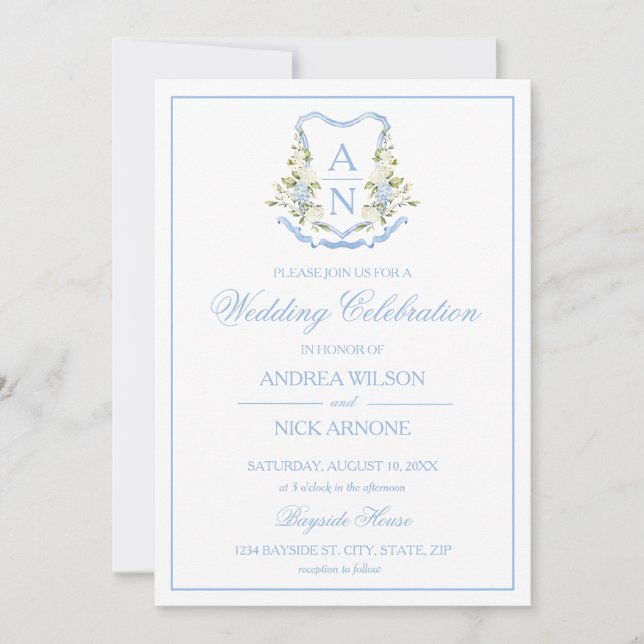 Blue Hydrangea Crest Monogram Wedding Invitation (Devant)