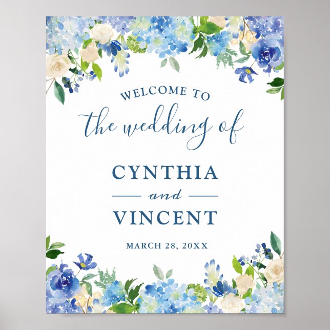 Blue Hydrangea Floral Chic Mariage Affiche de bien (Devant)