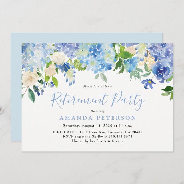 Blue Hydrangea Floral Retraite Party Invitation (Devant / Derrière)