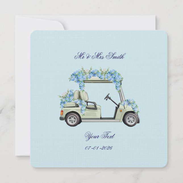 Blue Hydrangea Golf Cart Floral Wedding Invitation (Devant)