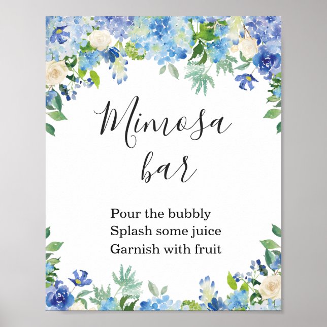 Blue Hydrangea Greenery Mimosa Bar Sign Poster (Devant)