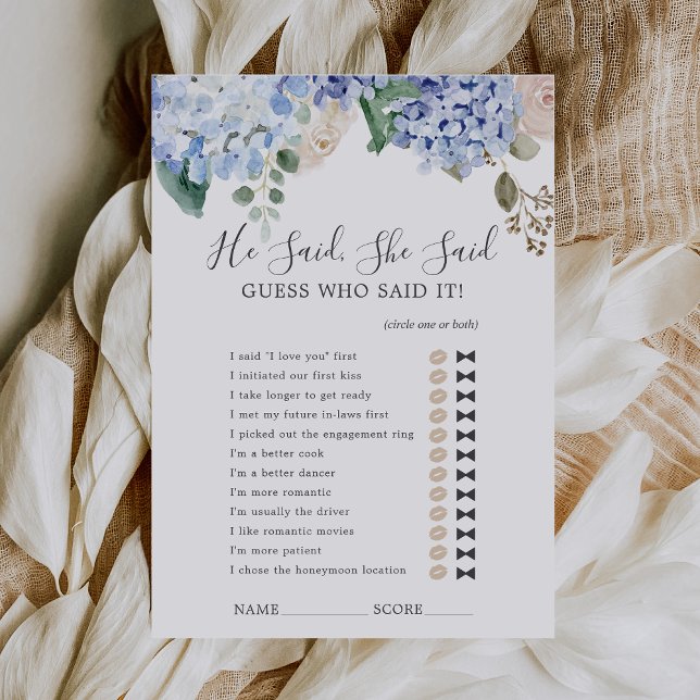 Blue Hydrangea Il Dit Qu'Elle A Dit Douche Carte D (Blue Hydrangea He Said She Said Shower Game Card)
