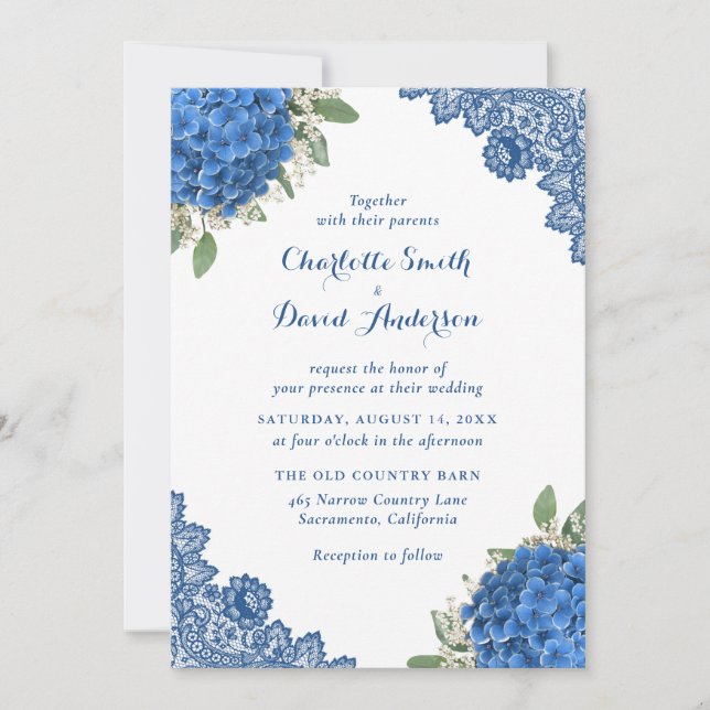 Blue Hydrangea Lace Mariage Invitations (Devant)
