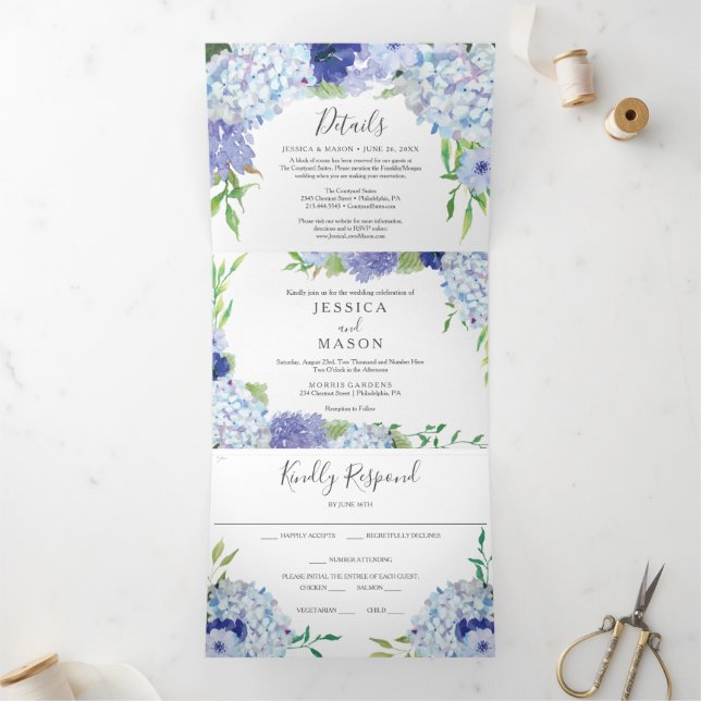 Blue Hydrangea Mariage Invitations Tri-Fold (Intérieur)