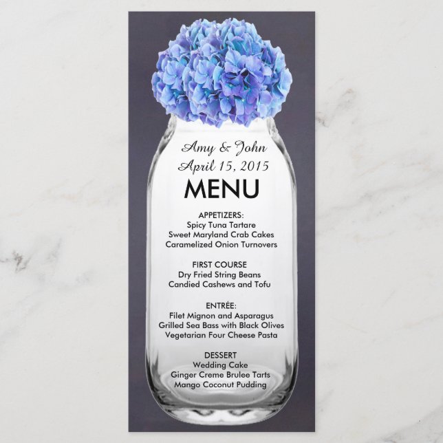 Blue hydrangea mason jarre mariage menu hydrangea7 (Devant)