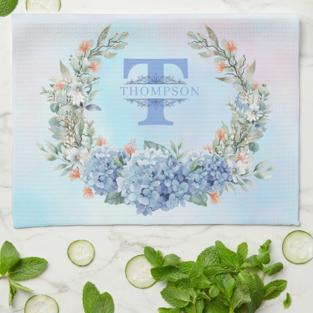 Blue Hydrangea Monogram Serviette de cuisine (Plié)