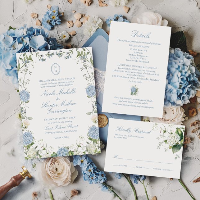 Blue Hydrangea Monogram Wedding Crest Invitation (Créateur téléchargé)