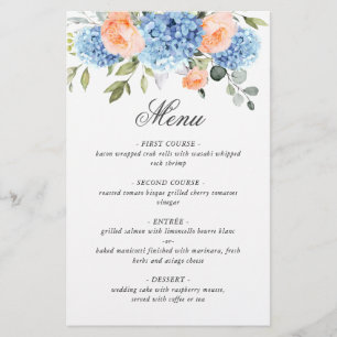 Blue Hydrangea Pink Blush Rose Menu Mariage