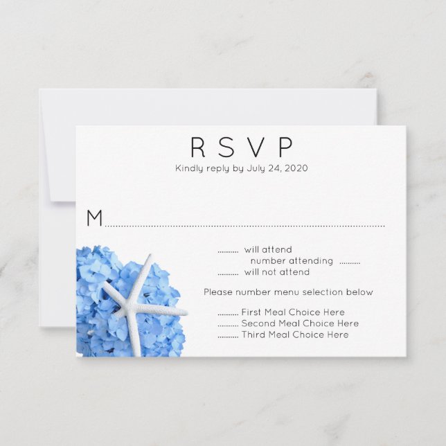 Blue Hydrangea Starfish Menu Mariage Carte RSVP (Devant)