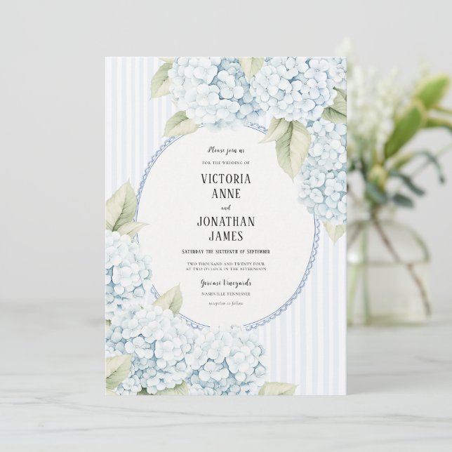 Blue Hydrangea Stripe Vintage Wedding Invitation (Debout devant)